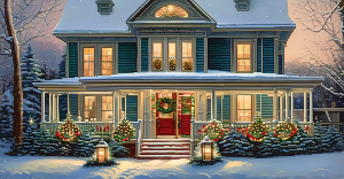 A Victorian-style home decorated for the holidays with lights and wreaths, snow falling, and warm light glowing from the windows.