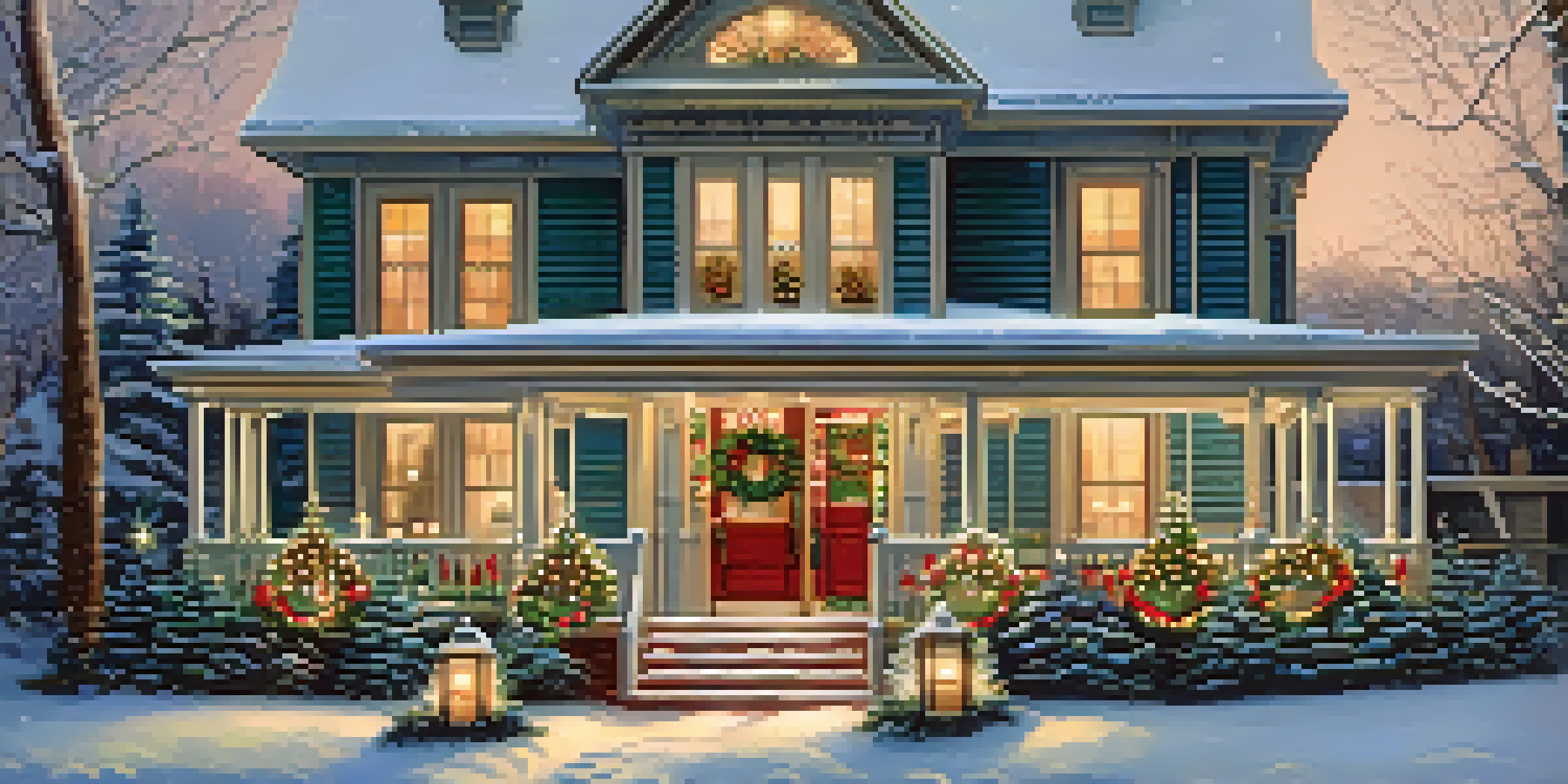 A Victorian-style home decorated for the holidays with lights and wreaths, snow falling, and warm light glowing from the windows.