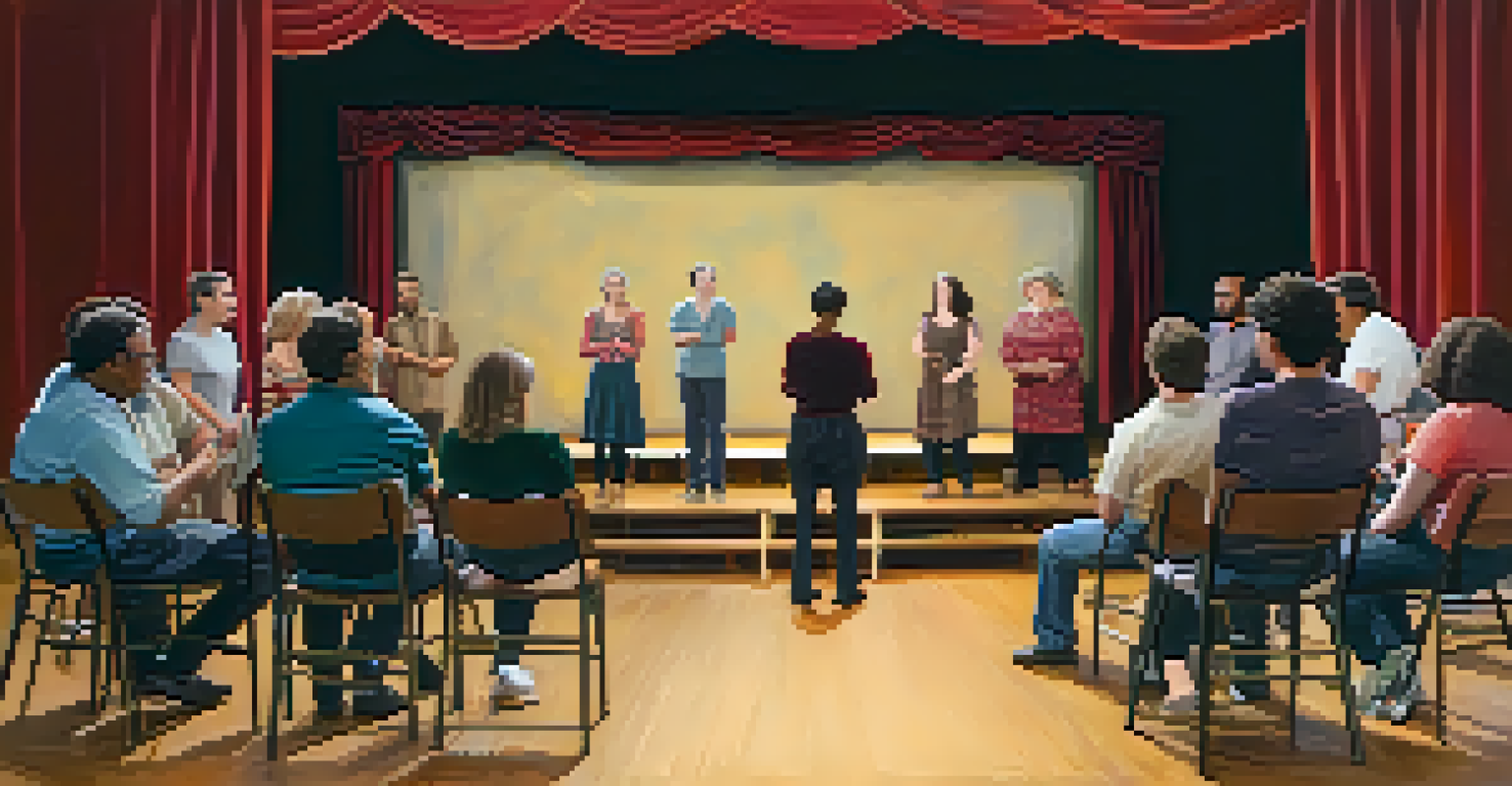 Actors rehearsing on stage in a warm-lit community theater, with the director guiding them and creative set pieces in the background.