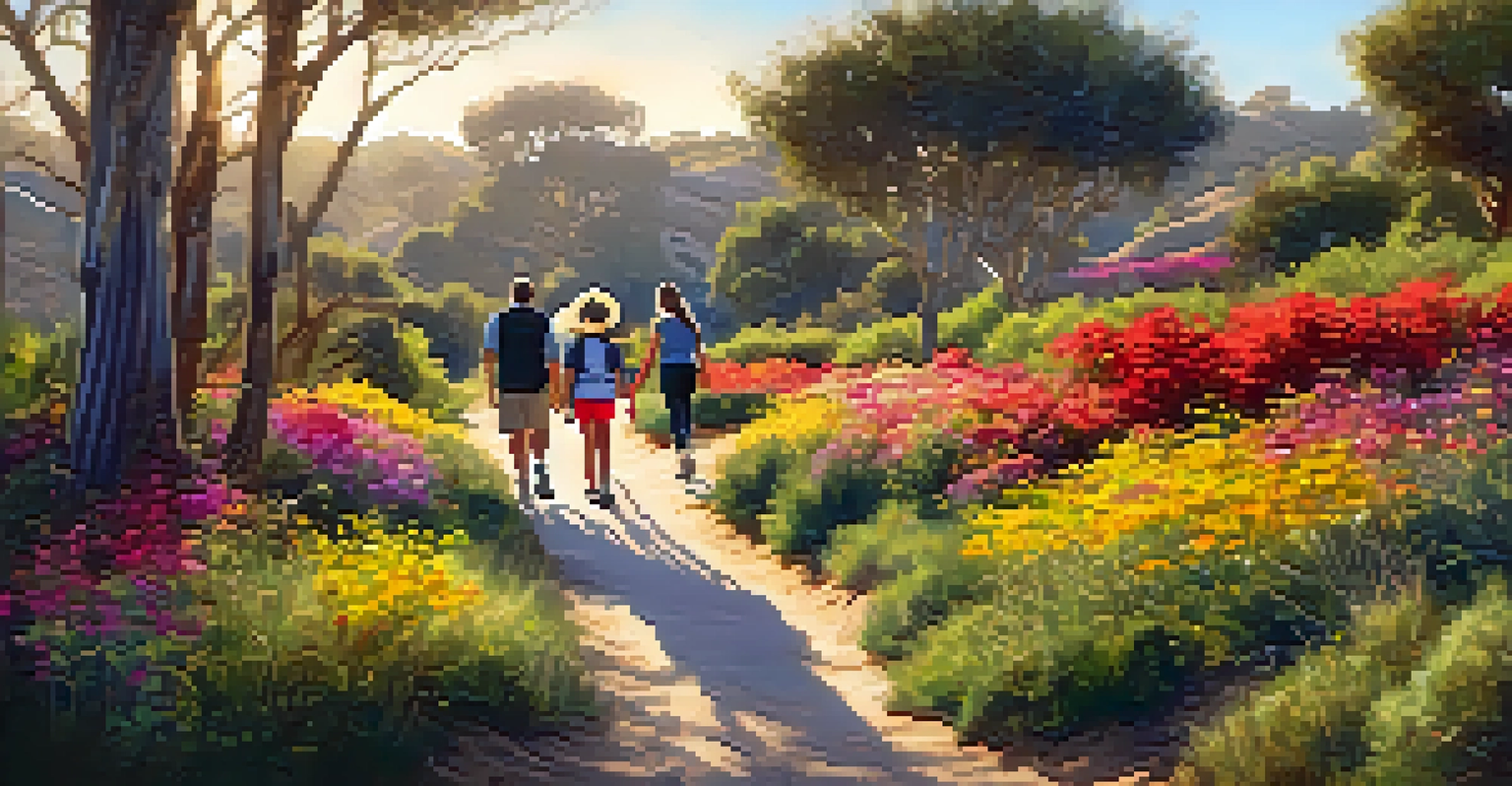 A family enjoying a leisurely hike along the Poinsettia Park Trail, surrounded by colorful wildflowers and greenery.