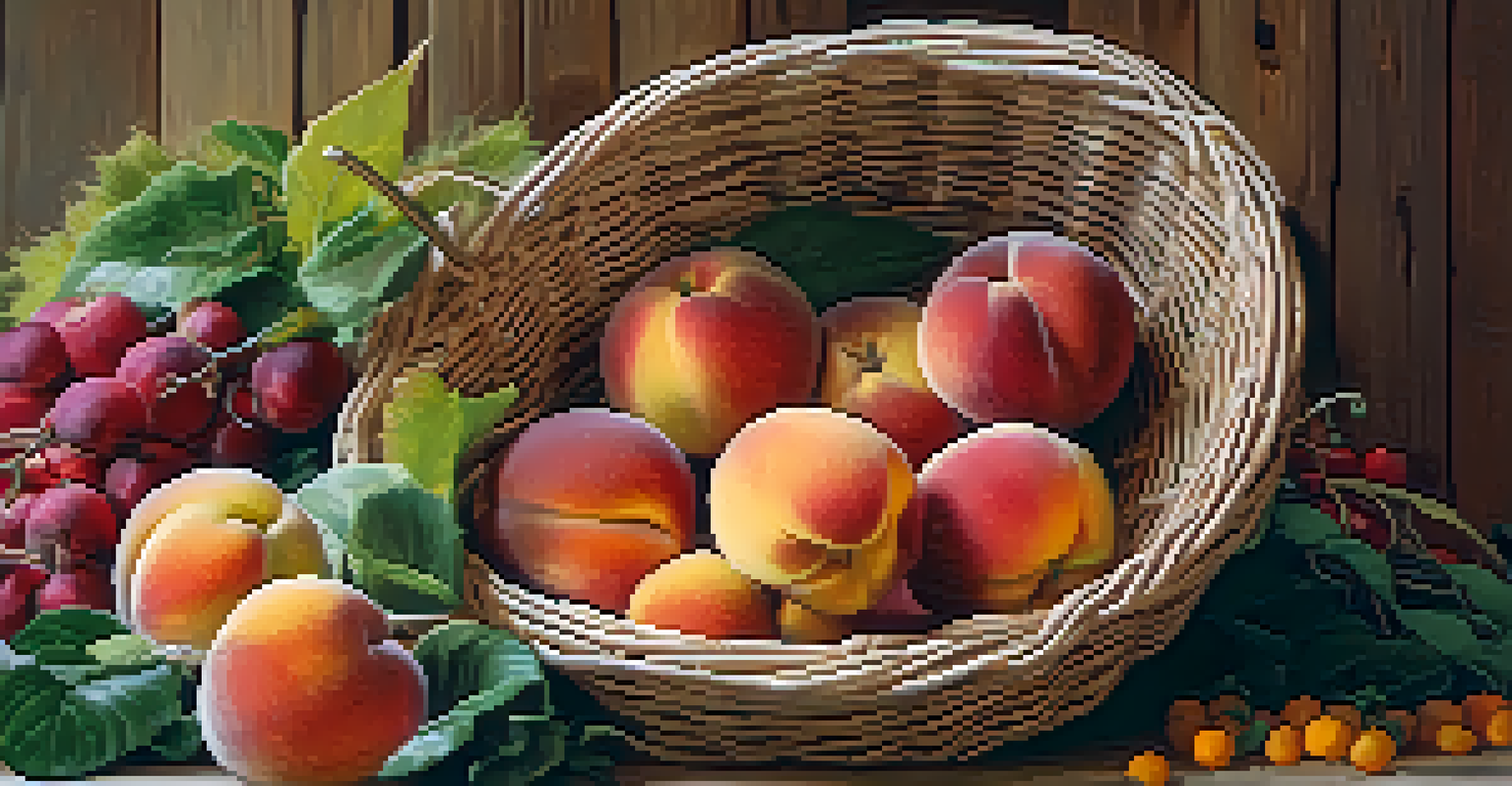 A close-up of a basket filled with fresh seasonal fruits at a farmers market.