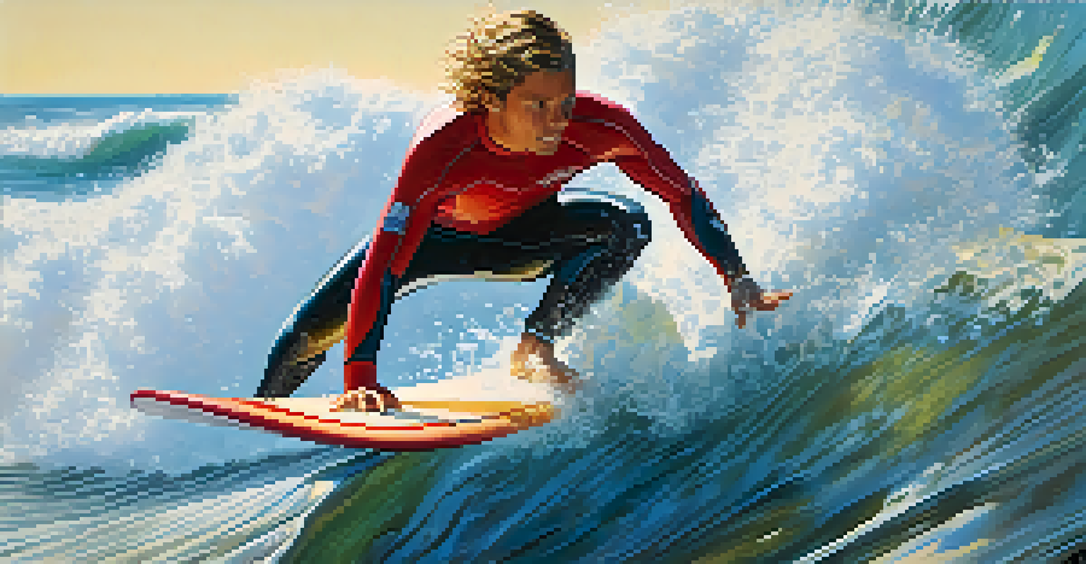 A young surfer skillfully riding a wave with water splashing around, showcasing determination and vibrant colors.