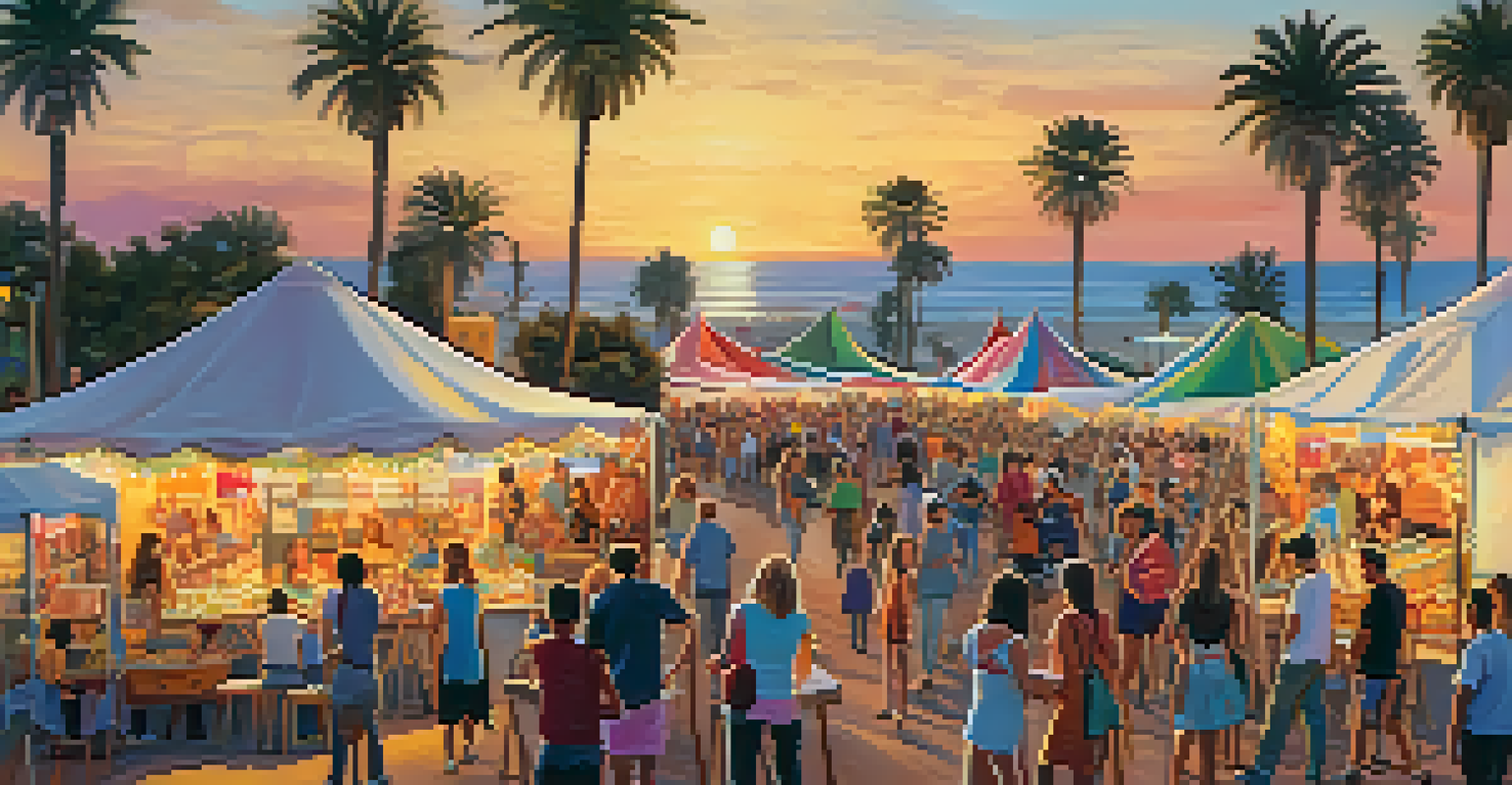 Families and local vendors at a vibrant Carlsbad music festival, with musicians performing and colorful tents in a sunset setting.