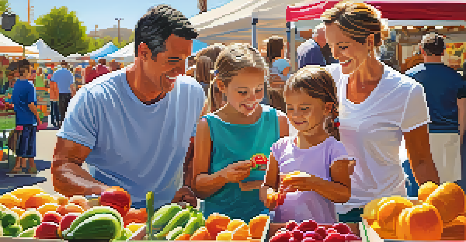 A happy family at a farmers market, with children getting face painting and parents enjoying the vibrant atmosphere.