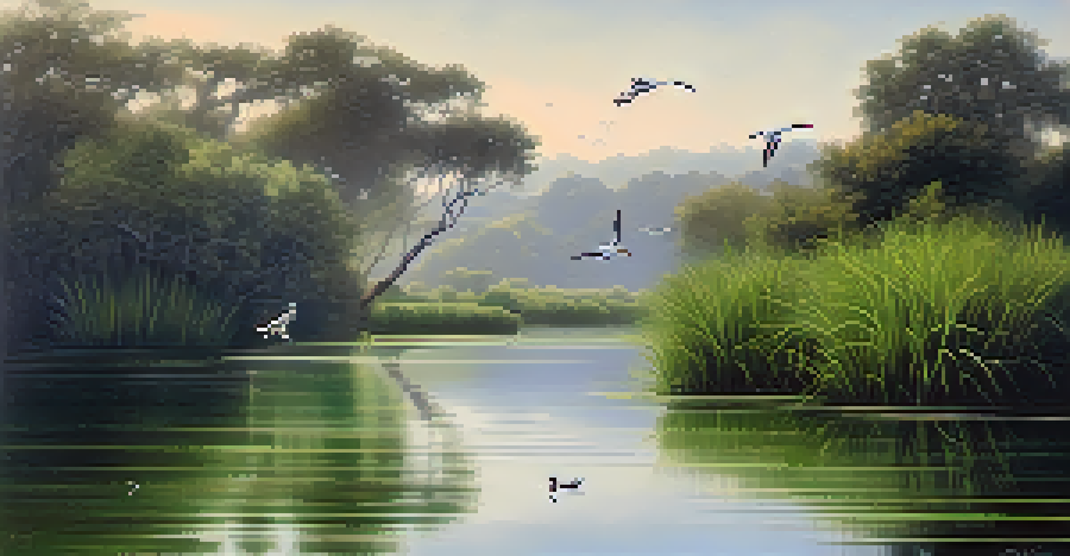 A tranquil view of Agua Hedionda Lagoon with lush greenery, early morning mist, and birds flying above the water.