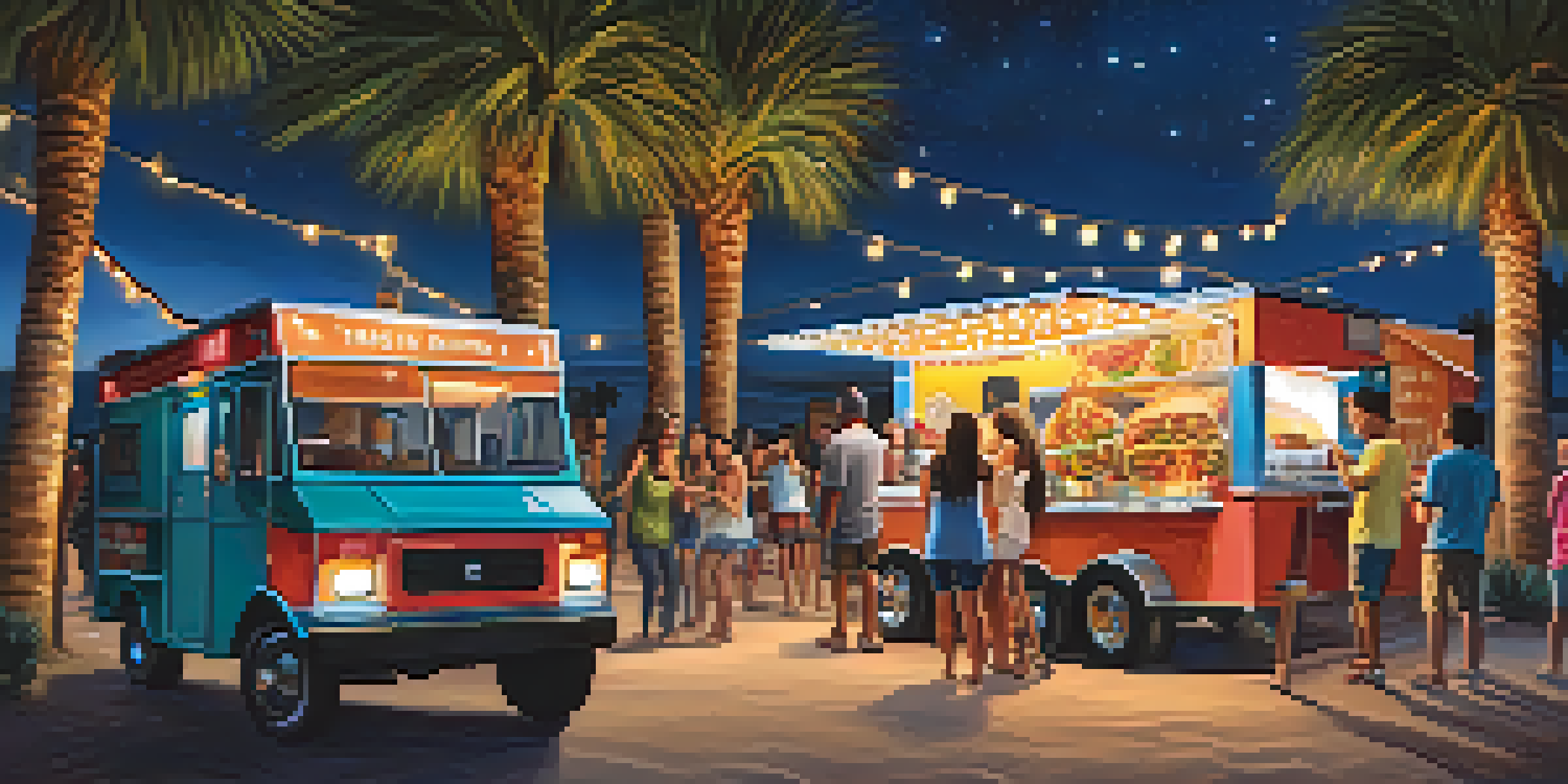 A lively food truck scene at night with friends enjoying gourmet tacos under colorful lights.