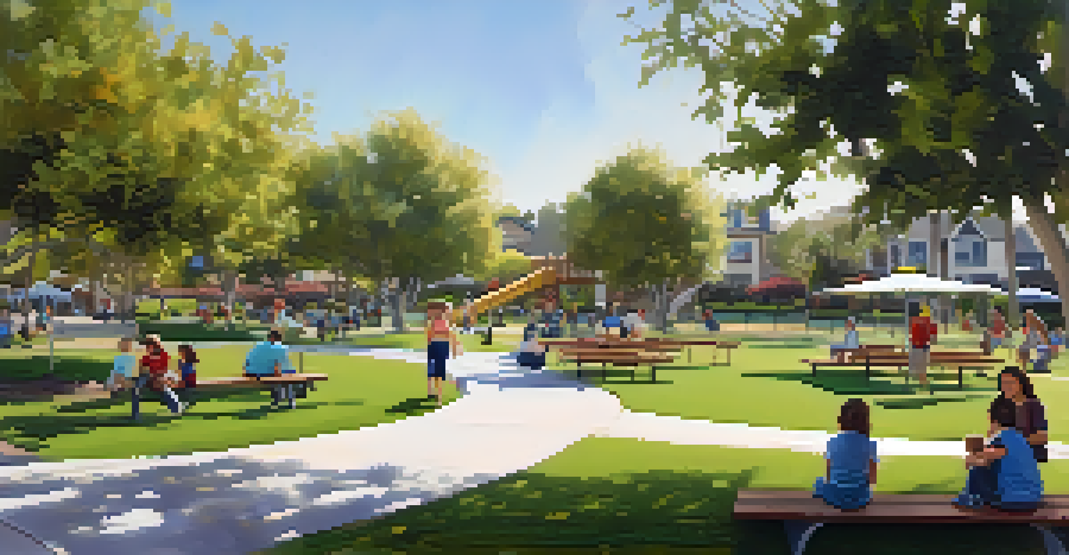 A revitalized park in Carlsbad with families enjoying the outdoors, children playing, and vibrant flowers along the pathways.