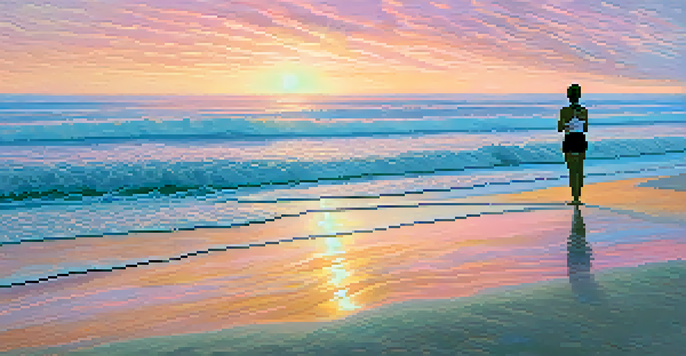 A peaceful beach at sunrise with soft waves and a person practicing yoga on the shore.