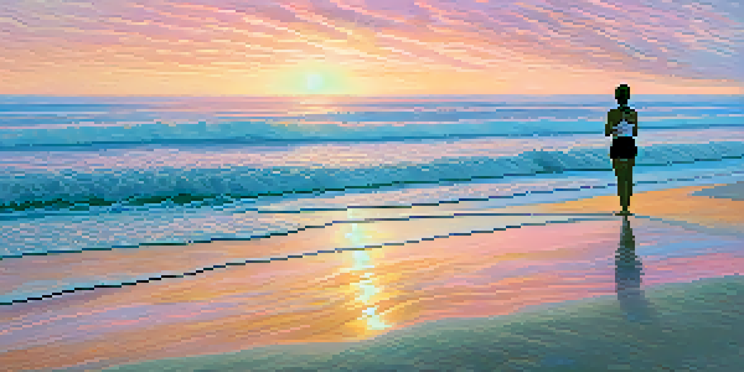 A peaceful beach at sunrise with soft waves and a person practicing yoga on the shore.
