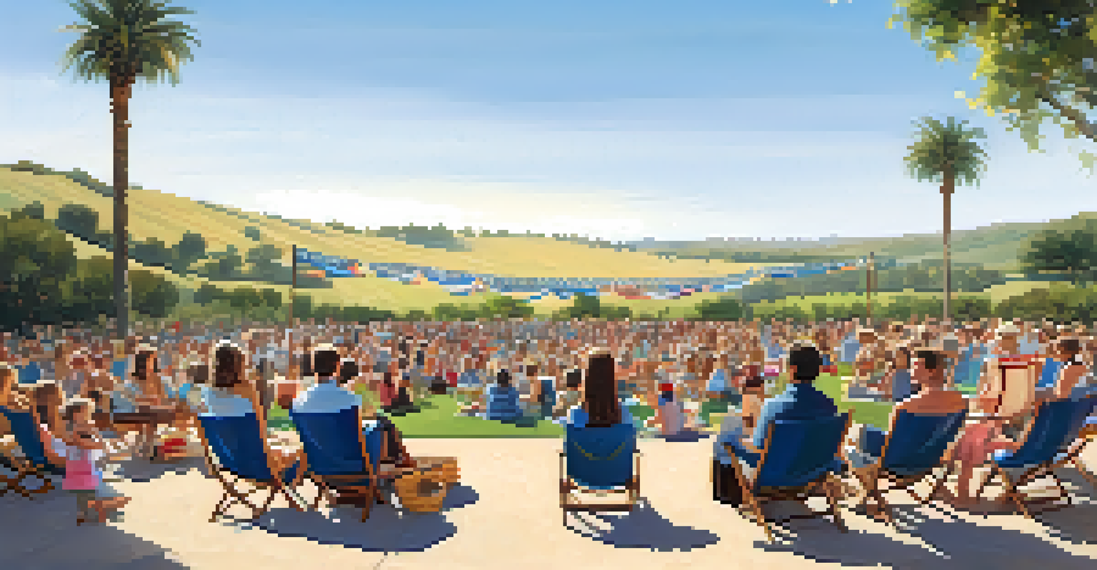 An outdoor summer concert at The Crossings at Carlsbad with a lush green backdrop and an audience enjoying the music.