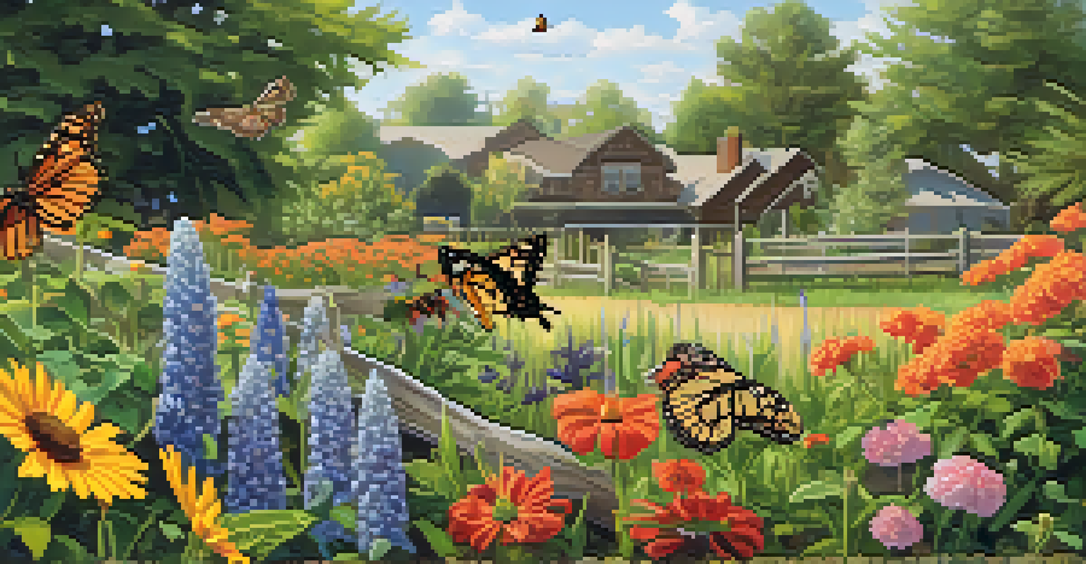 A close-up of a butterfly garden brimming with colorful wildflowers and butterflies in a sunny garden setting.