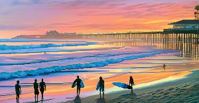 A sunset at Carlsbad beach with surfers in silhouette and colorful beach umbrellas on the sand.