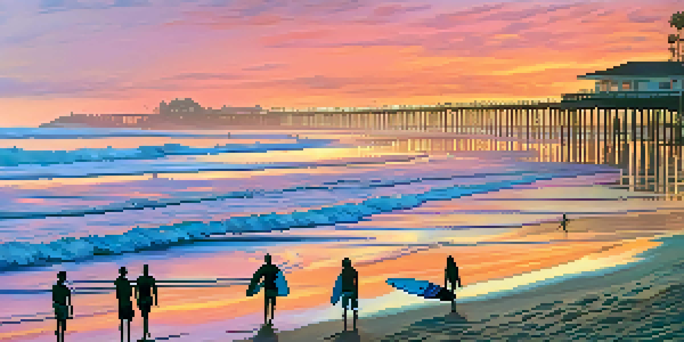 A sunset at Carlsbad beach with surfers in silhouette and colorful beach umbrellas on the sand.