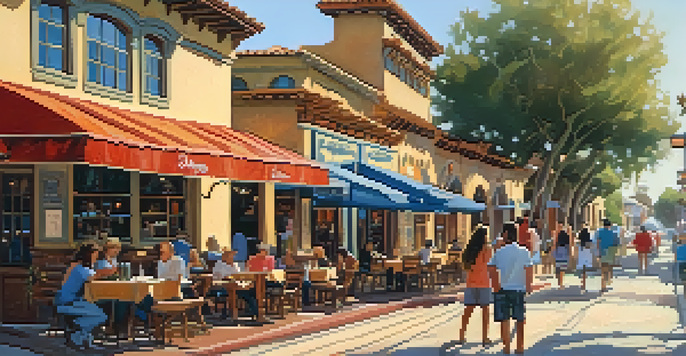A colorful street scene in Carlsbad's Historic Downtown with shops and eateries, featuring Mediterranean and Craftsman architecture, illuminated by warm sunlight.