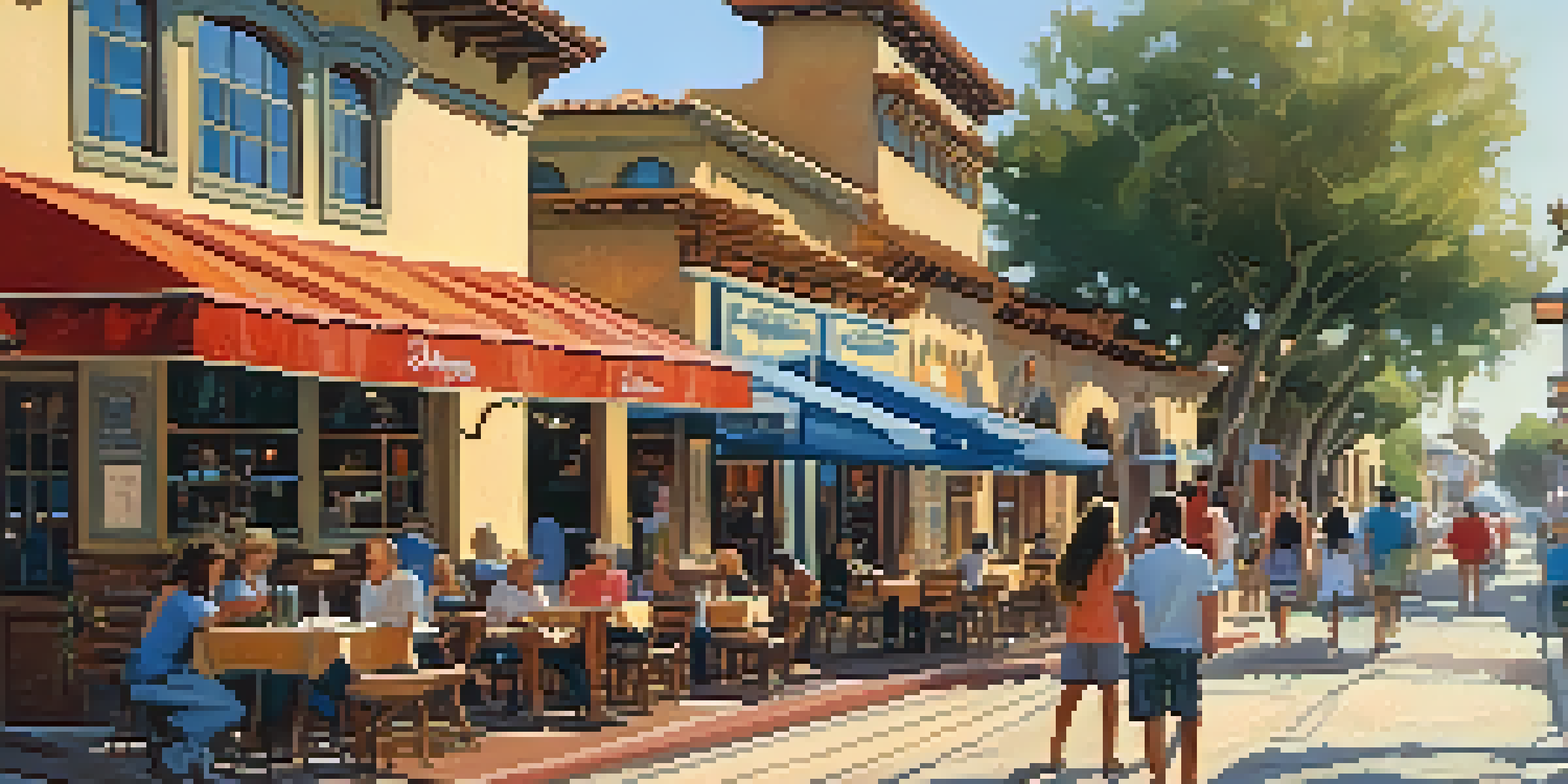A colorful street scene in Carlsbad's Historic Downtown with shops and eateries, featuring Mediterranean and Craftsman architecture, illuminated by warm sunlight.