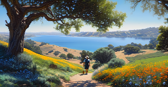 A picturesque landscape of Carlsbad, California, featuring rolling hills, lagoons, and a treasure hunter with a metal detector near an oak tree.