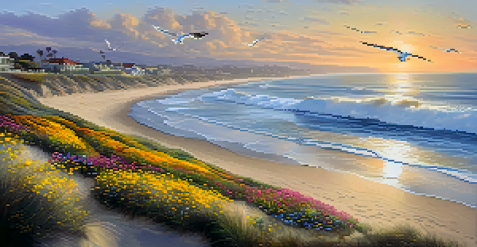 A coastal landscape of Carlsbad, California, with waves, sandy beaches, a sunset, and blooming wildflowers.