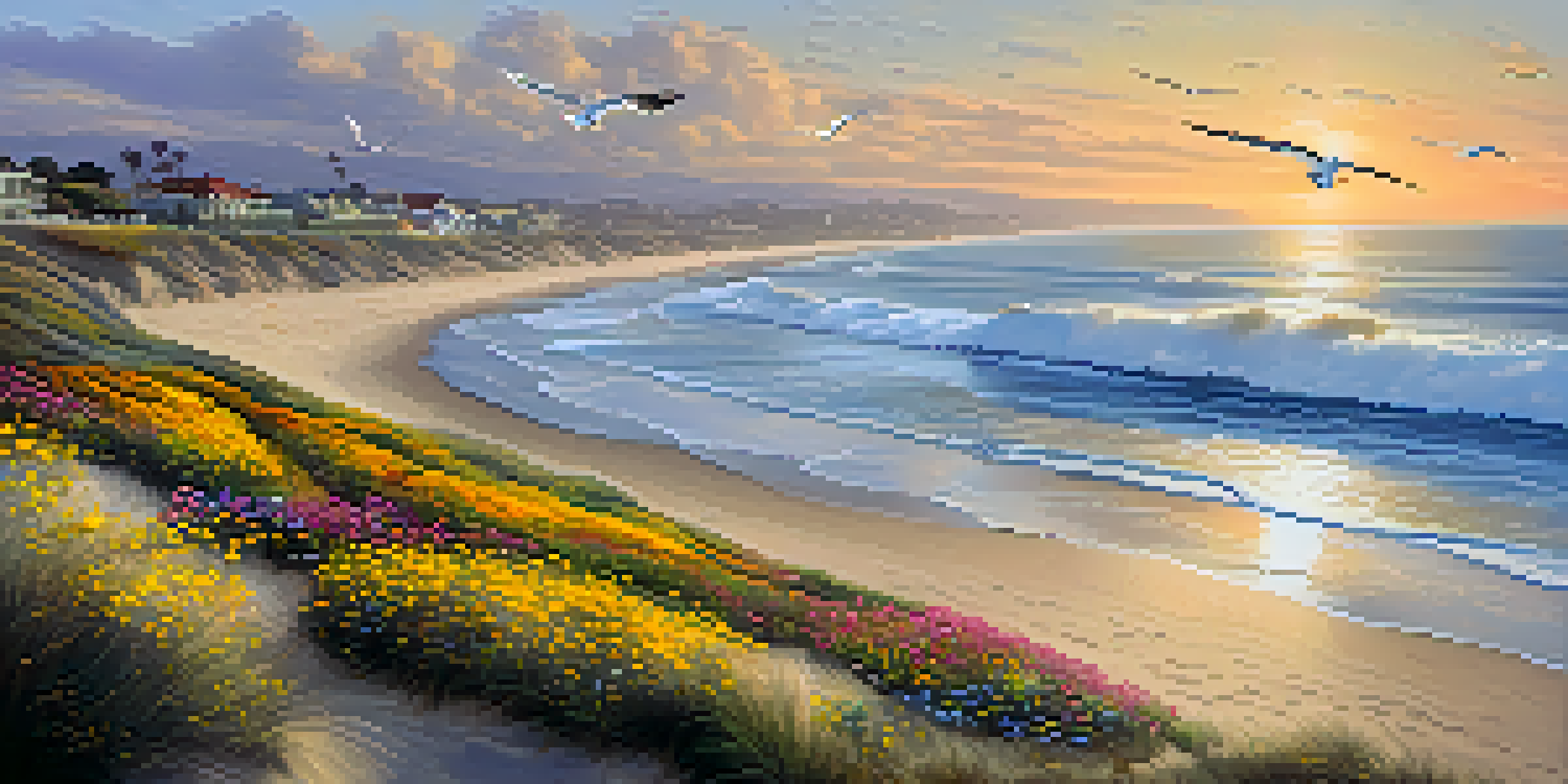 A coastal landscape of Carlsbad, California, with waves, sandy beaches, a sunset, and blooming wildflowers.