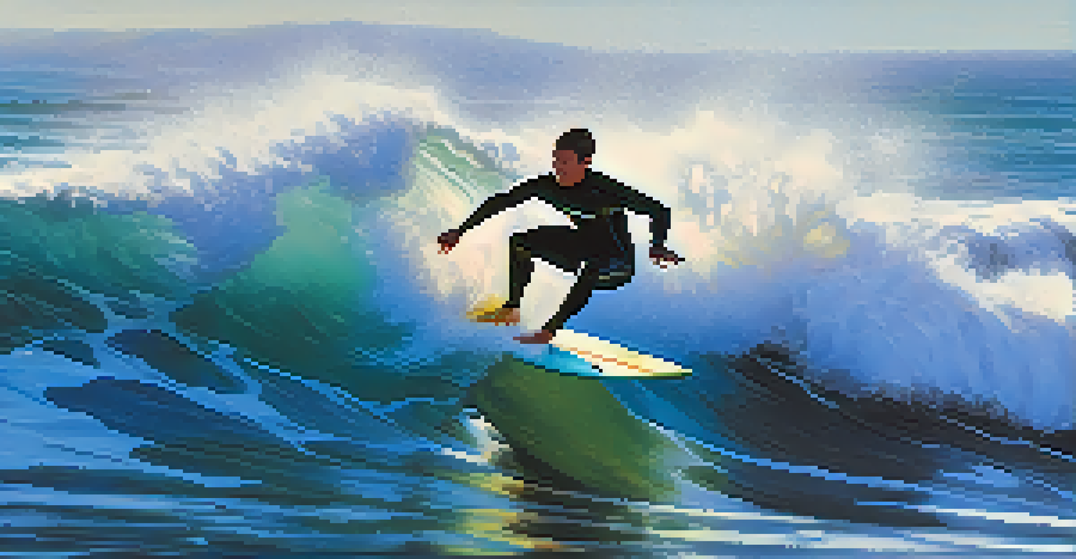 A young surfer performing a maneuver on a wave at Ponto Beach, with sunlight sparkling on the water and a clear blue sky above.