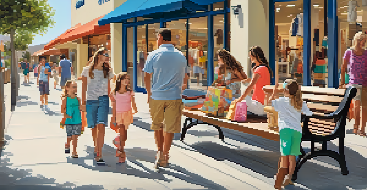 A family enjoying a day at Carlsbad Premium Outlets with children playing and parents relaxing on benches.