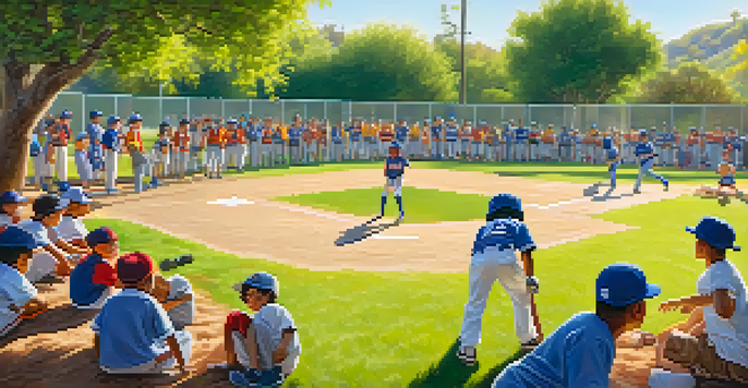 A youth baseball game in a sunny park, with young players in colorful uniforms and families cheering in the background.