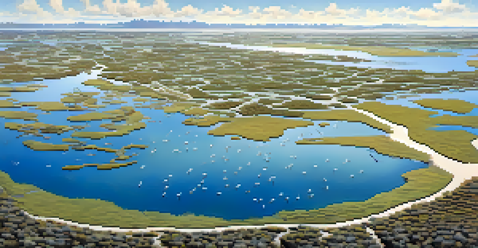 Aerial view of a large lagoon with water channels, wetland vegetation, and birds in flight.