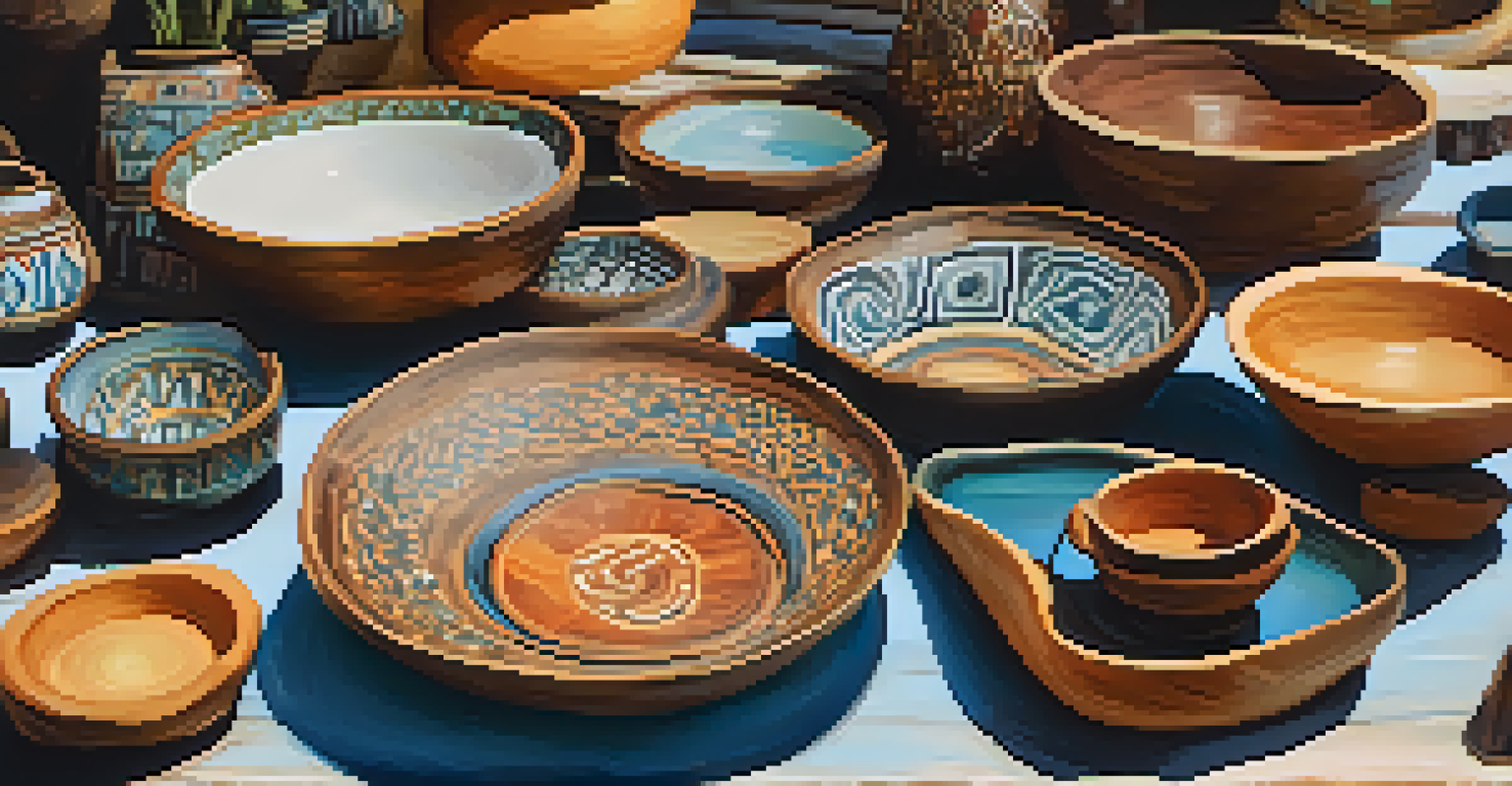 A detailed view of handmade artisan crafts including pottery and jewelry at a farmers market, showcasing various textures and colors.