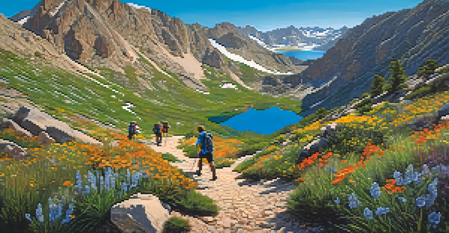 Hikers climbing a rocky trail with a lake in the background, surrounded by colorful wildflowers.