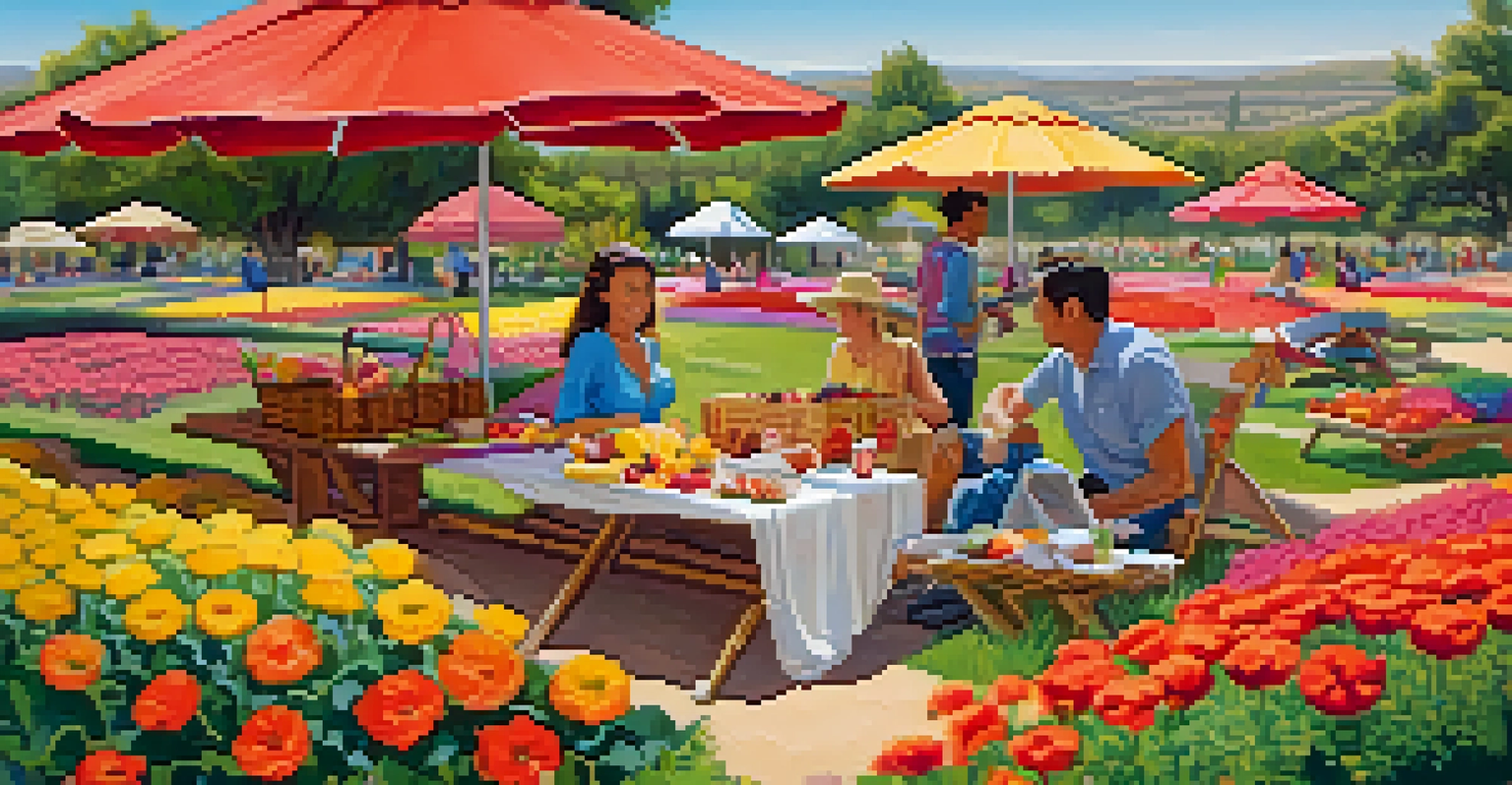 A picnic scene in the Carlsbad Flower Fields with a blanket, basket, and vibrant flowers surrounding the area.