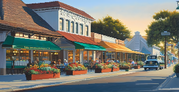 A lively street in Carlsbad Village with historic buildings, shops, and a train station under the morning sun.