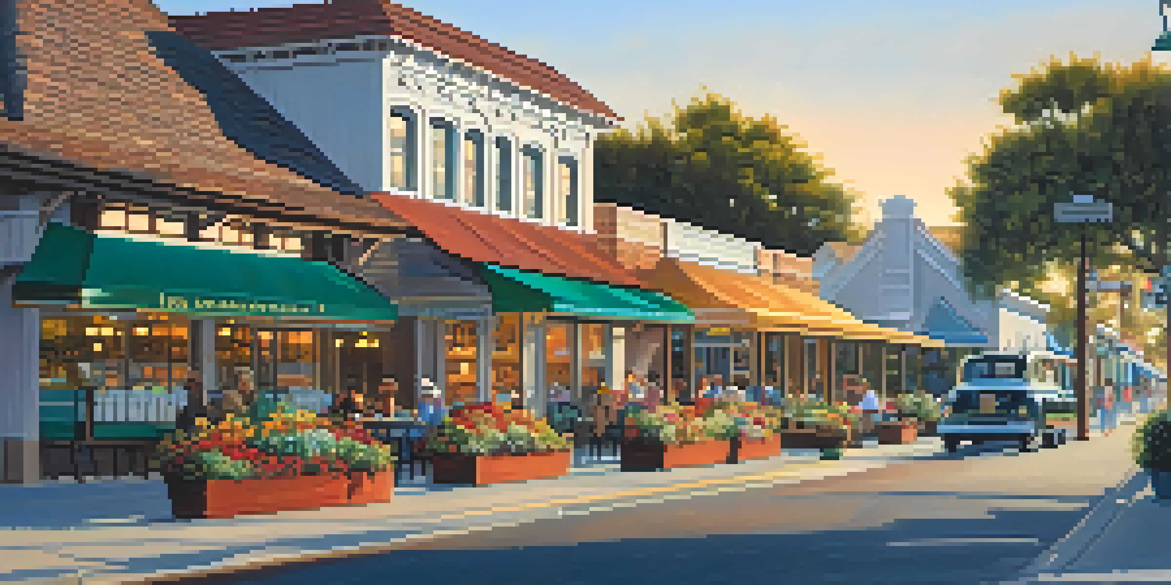 A lively street in Carlsbad Village with historic buildings, shops, and a train station under the morning sun.