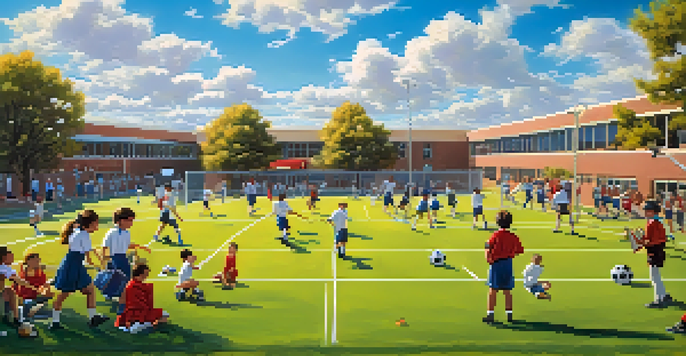 A lively school scene showing students playing soccer, painting, and practicing music, with a blue sky and school building in the background.