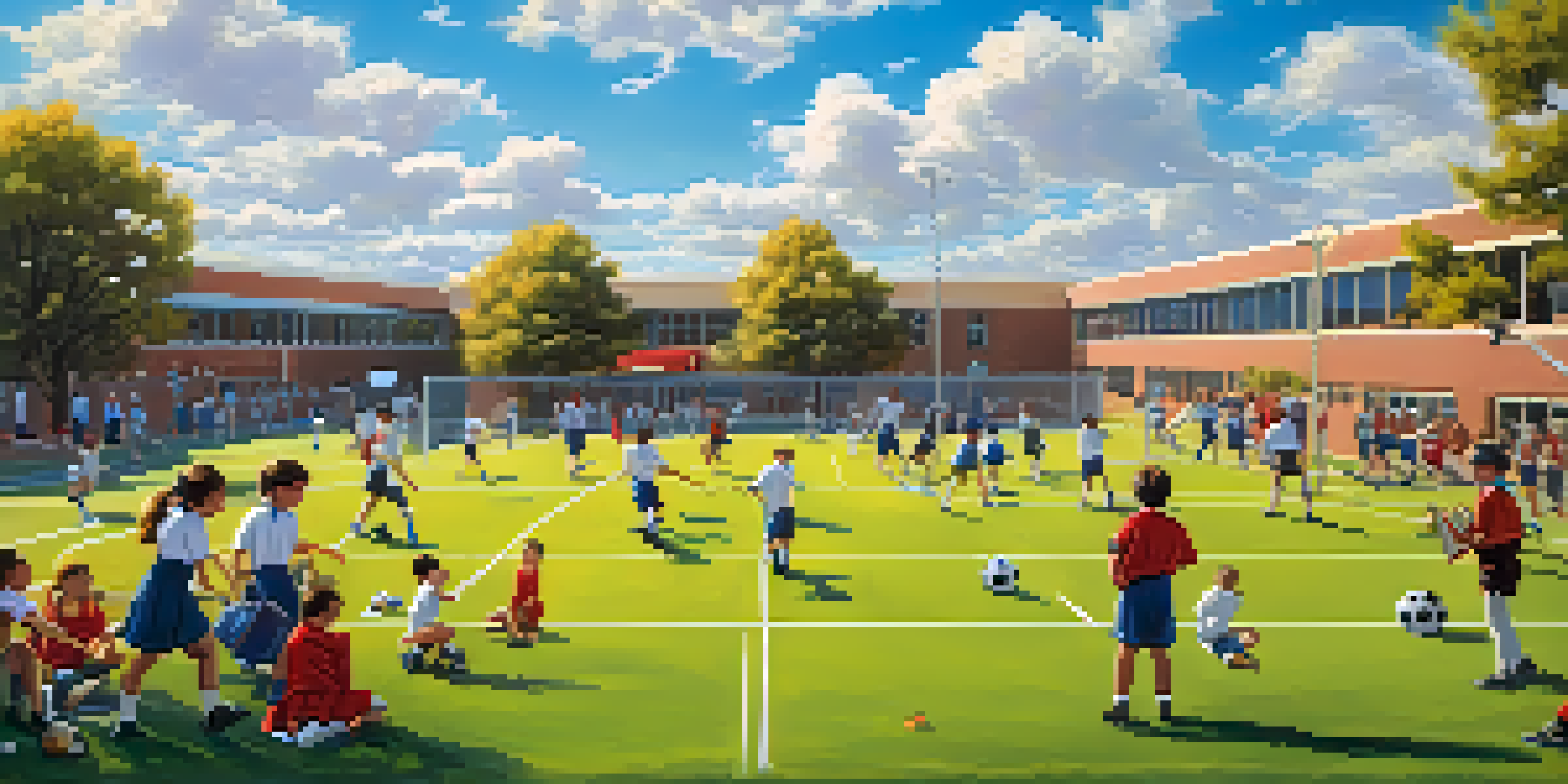 A lively school scene showing students playing soccer, painting, and practicing music, with a blue sky and school building in the background.