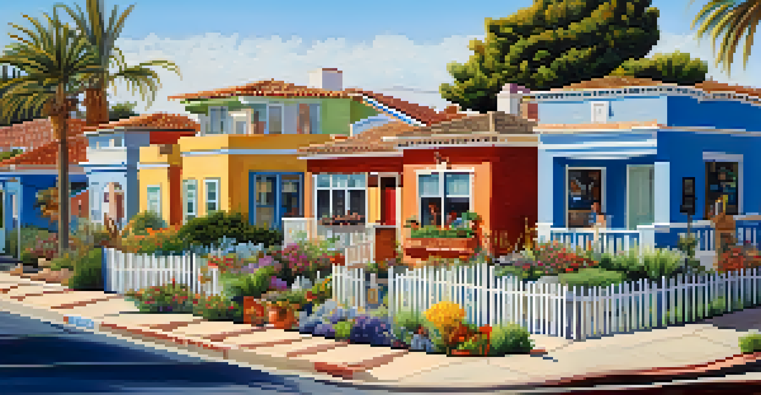 A colorful street view of Carlsbad's Historic Barrio showcasing homes, murals, and community life.