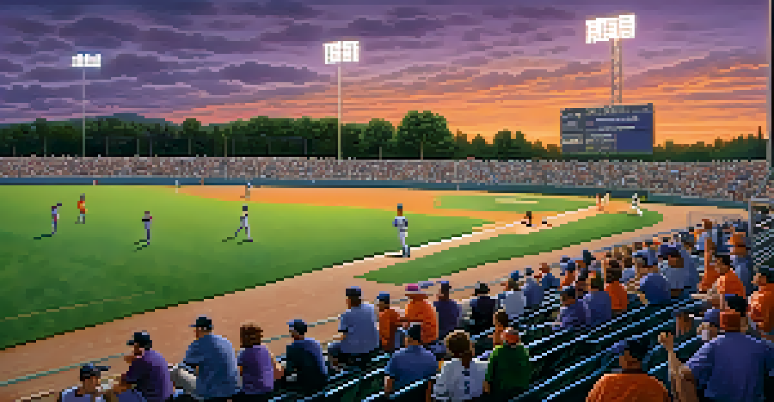 An adult baseball game at twilight, with players in action and fans enjoying the atmosphere under bright stadium lights.