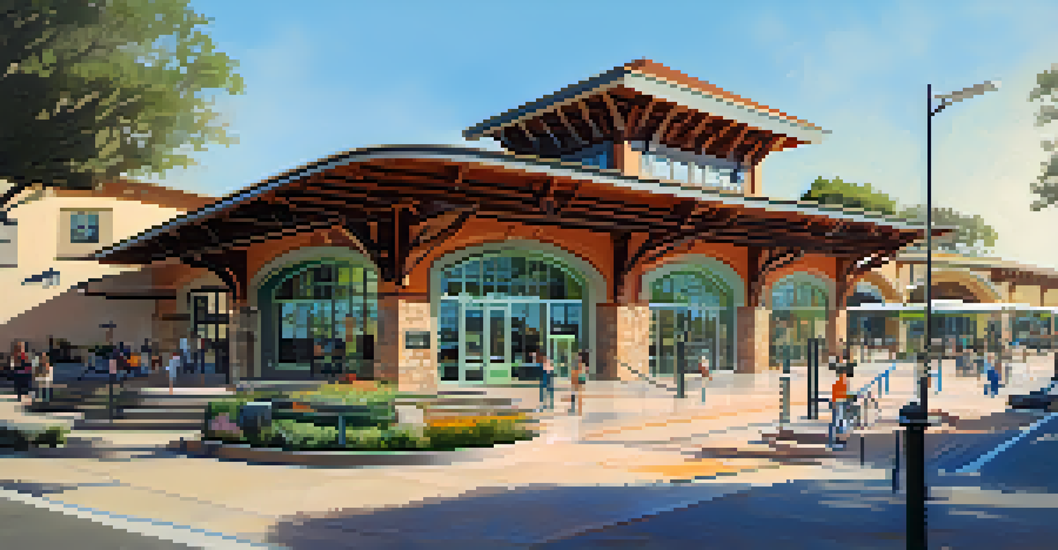A modern train station in Carlsbad, combining historic and contemporary architecture with green spaces and bike racks under bright sunlight.