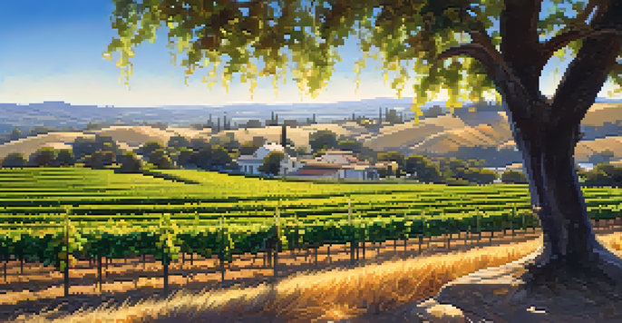 A scenic vineyard in Carlsbad with rows of grapevines under a clear blue sky, showcasing ripe grapes and a rustic sign.