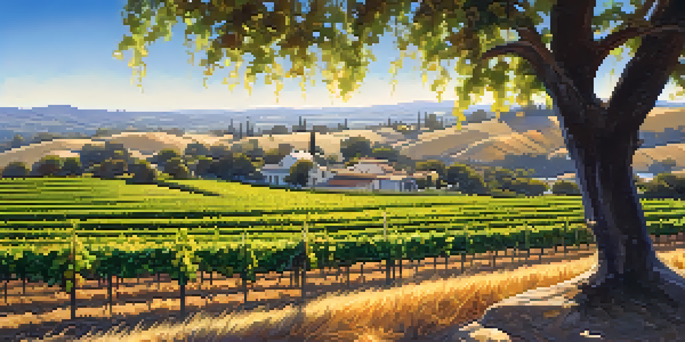A scenic vineyard in Carlsbad with rows of grapevines under a clear blue sky, showcasing ripe grapes and a rustic sign.