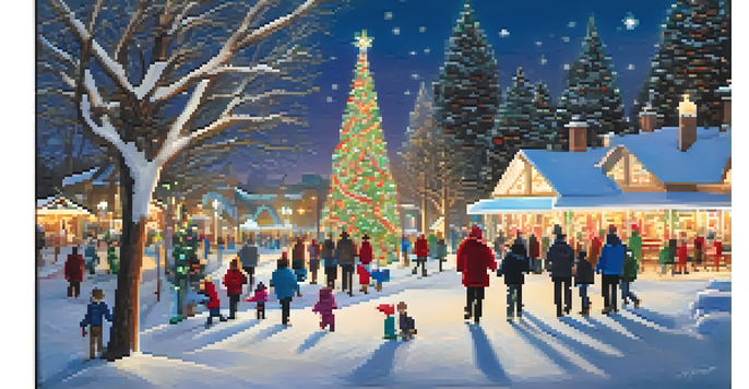 A winter wonderland in Carlsbad's Christmas at the Park, with families enjoying the festive lights and decorations.