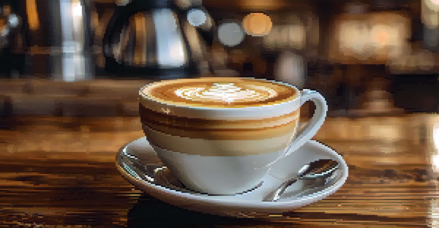 A close-up of a latte cup with intricate art on top, placed on a wooden table, with blurred coffee beans and brewing equipment in the background.