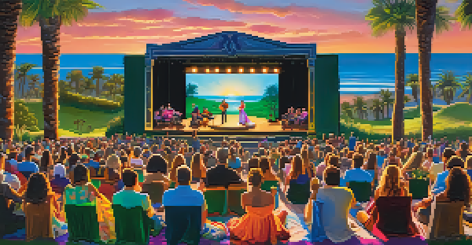 A lively outdoor theater performance at sunset, featuring colorful costumes and an engaged audience on the grass.