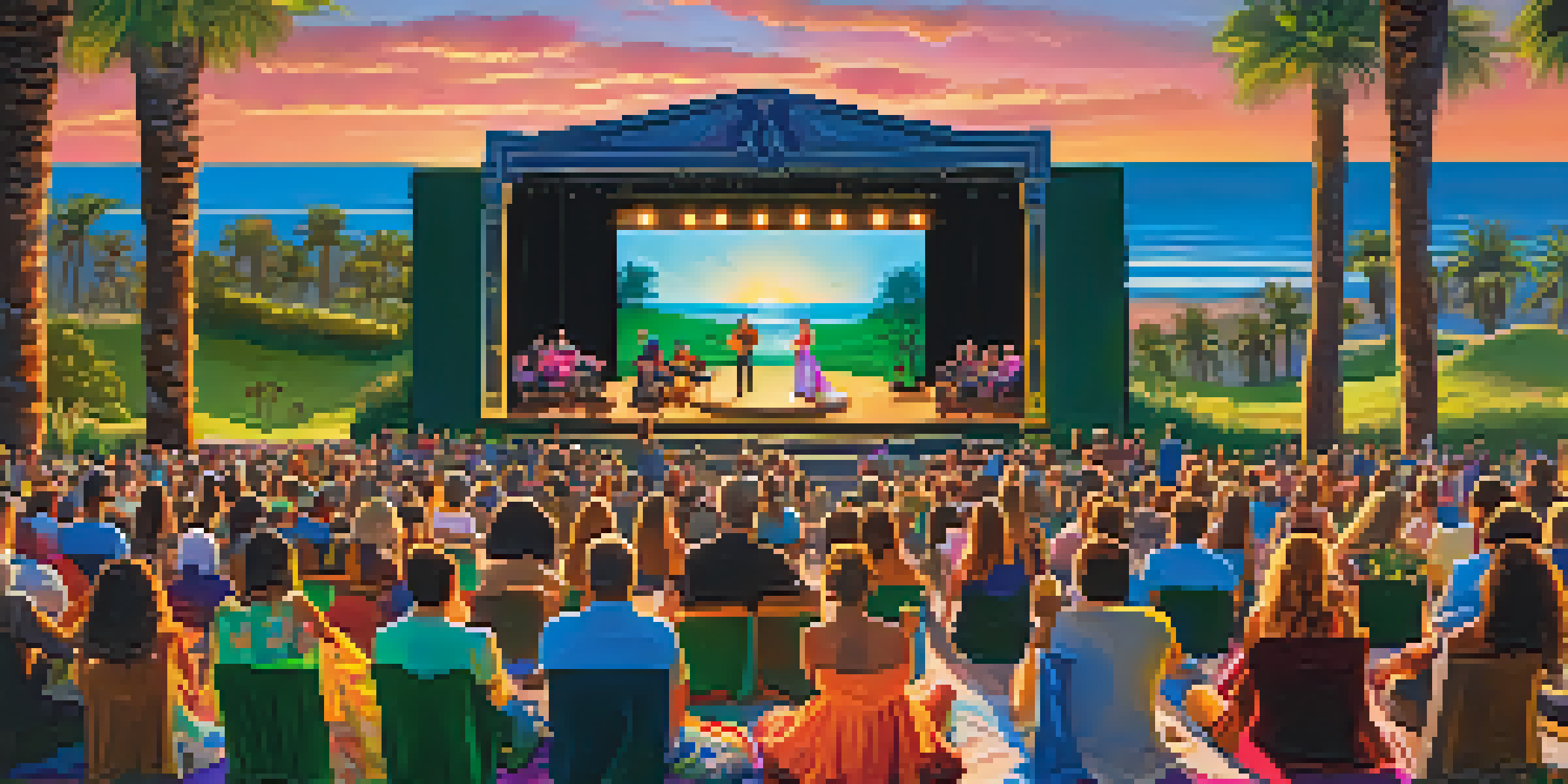 A lively outdoor theater performance at sunset, featuring colorful costumes and an engaged audience on the grass.