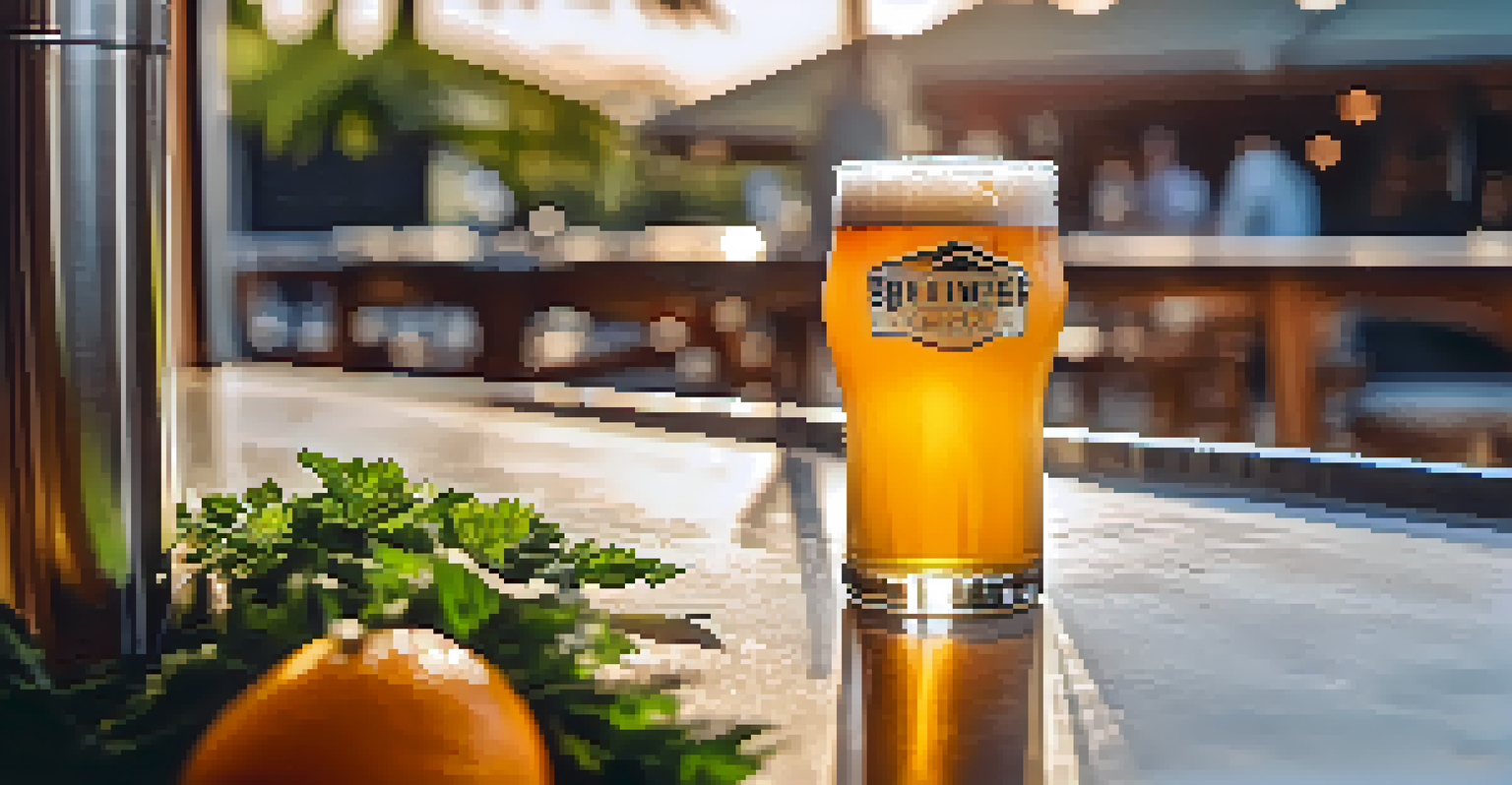 A close-up of a Hazy IPA beer in a frosted glass with an orange slice, set in a sunny outdoor brewery patio.