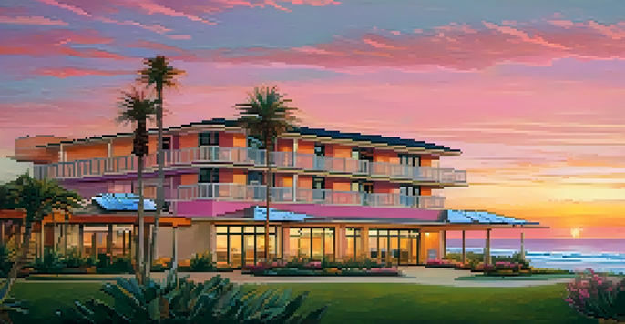 A sunset view of the Cape Rey Carlsbad Beach hotel, highlighting its eco-friendly design and tropical surroundings.