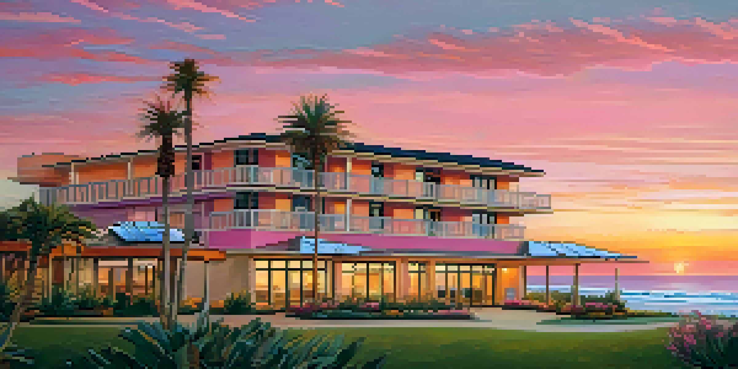 A sunset view of the Cape Rey Carlsbad Beach hotel, highlighting its eco-friendly design and tropical surroundings.