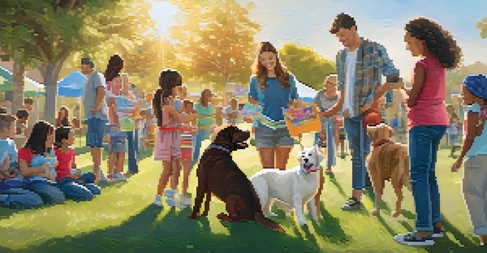 An outdoor pet adoption event in Carlsbad with families interacting with various pets, including dogs and cats, under a sunny sky.
