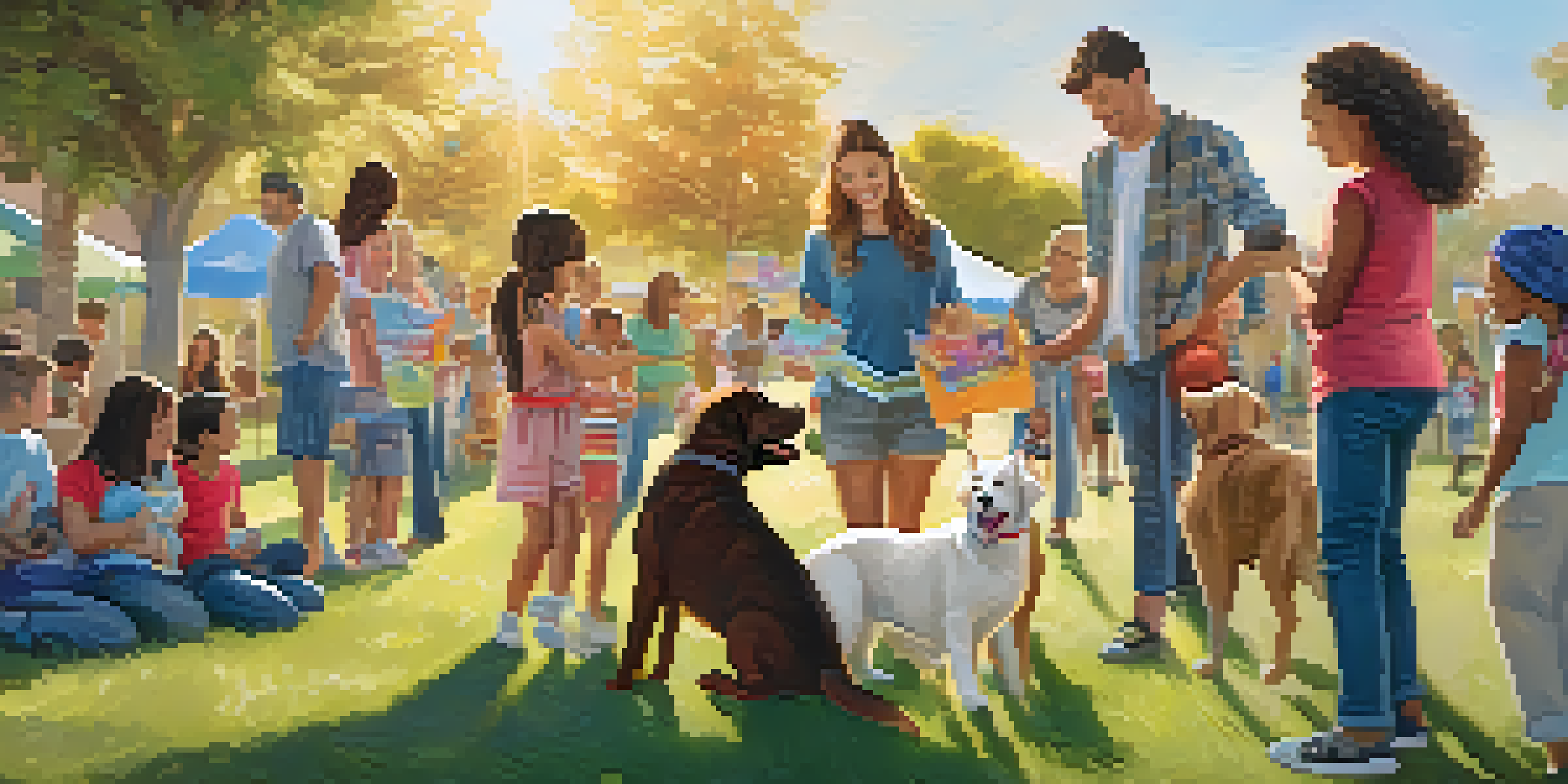 An outdoor pet adoption event in Carlsbad with families interacting with various pets, including dogs and cats, under a sunny sky.