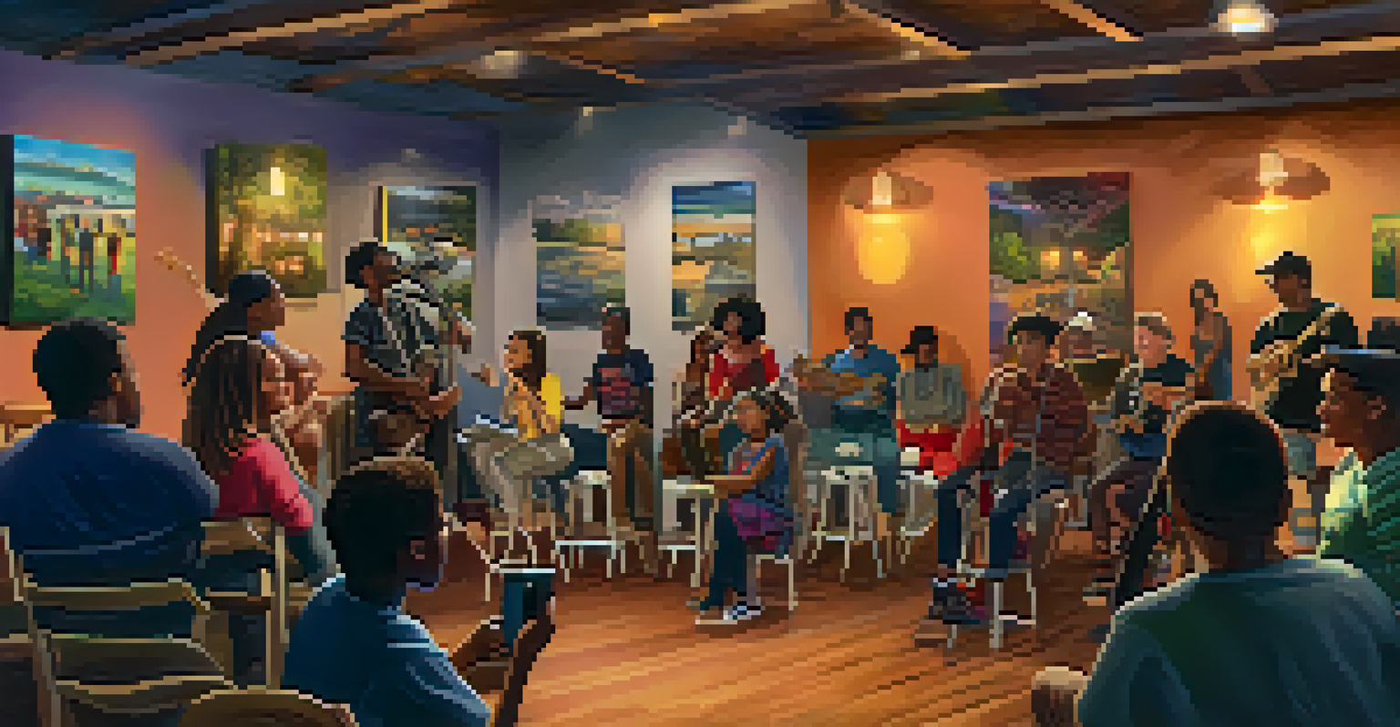 A young musician performing on stage at an open mic night, surrounded by an attentive audience and colorful local artwork on the walls.