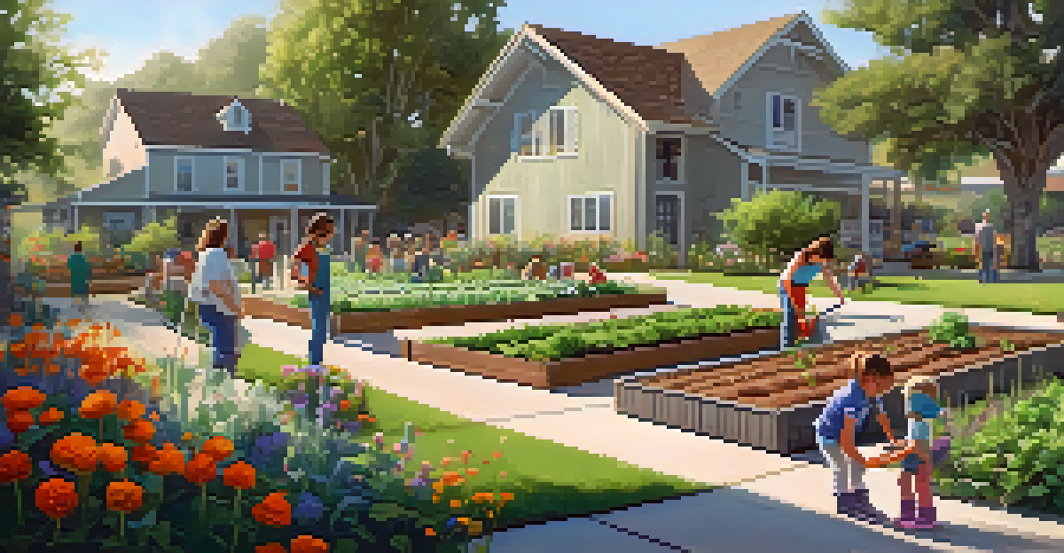 Families working together in a community garden, planting vegetables with flowers in the background.