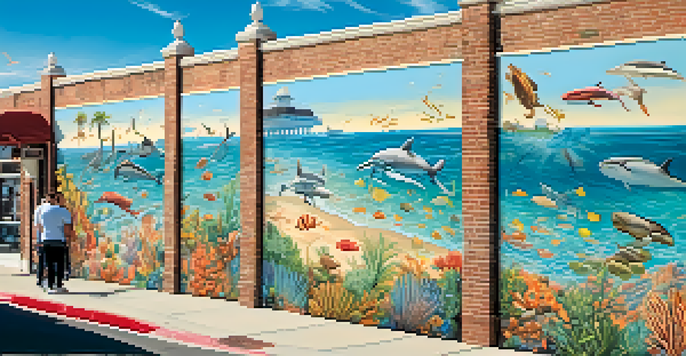 A colorful mural illustrating coastal life in Carlsbad with marine life and beach scenes, surrounded by people enjoying the park.